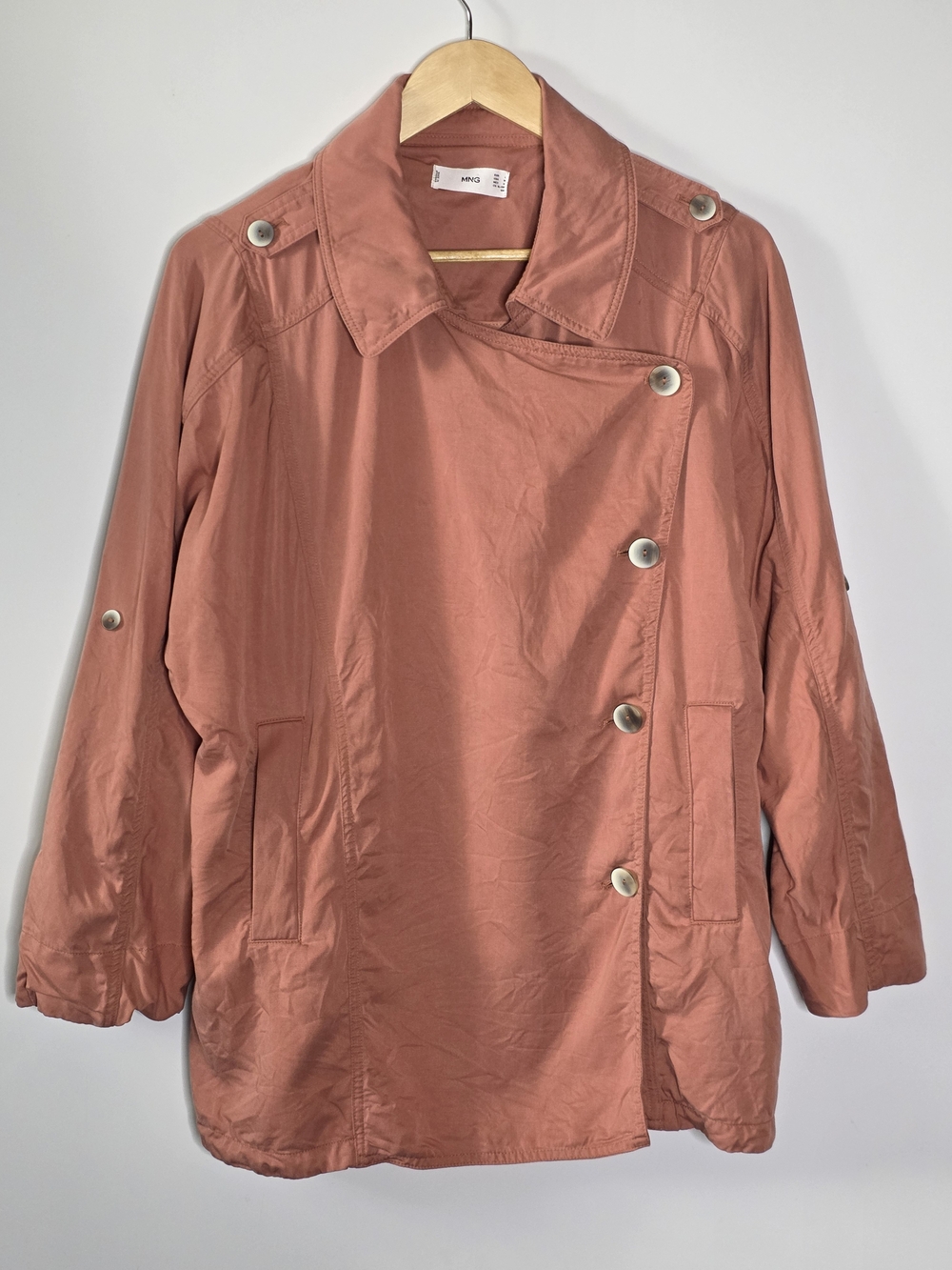 Mango Linen/Lyocell pale mauve mid length trench coat Size medium Asymmetrical